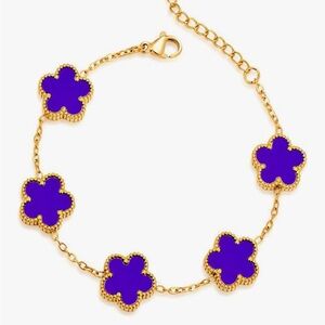 18K Gold Lucky Clover Bracelet Purple Enamel Dainty Van Cleef Style Charm 6-8”